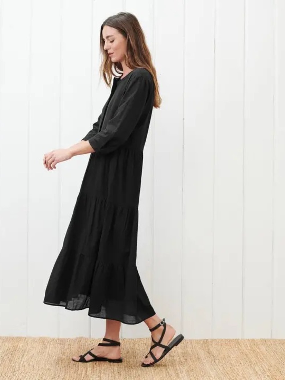 Jenni Kayne Black Tiered Midi Dress with Three-Quarter Sleeves